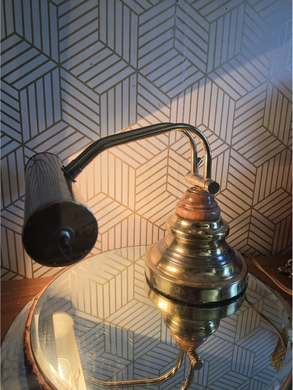 Vintage Underwriters Laboratories Brass Wood Piano Desk Bankers Adjustable Lamp